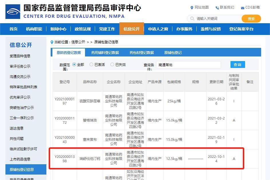 常州制藥廠有限公司瑞舒伐他汀鈣原料藥備案狀态已轉爲“A”狀态