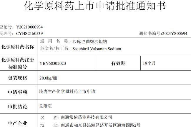 常州制藥廠有限公司原料藥沙庫巴曲缬沙坦鈉在國内獲批上市