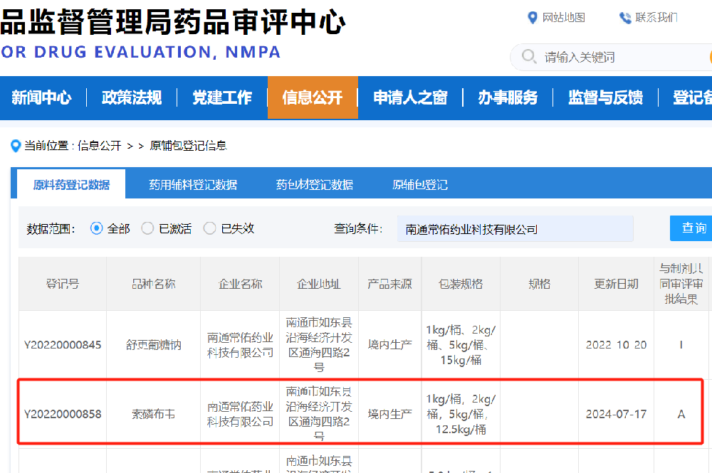 常州制藥廠有限公司索磷布韋原料藥備案狀态已轉爲“A”狀态